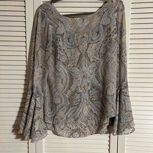 Fluted sleeve blouse size 6.  White, tan, blue swirls. Lightweight.